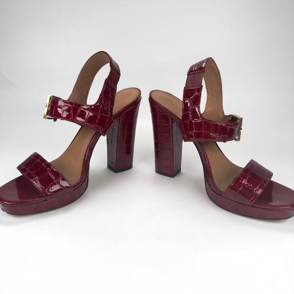 Calvin Klein Red Croc Leather Block Platform Heels Gold Buckle Size 8.5 - Picture 5 of 10